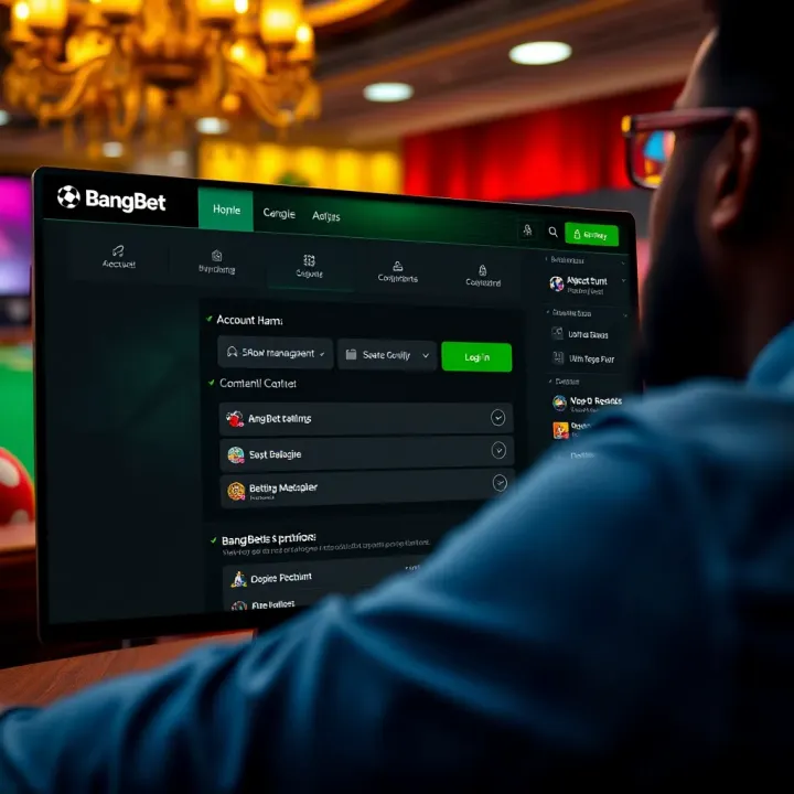 Interface showing account creation and betting management options on BangBet website