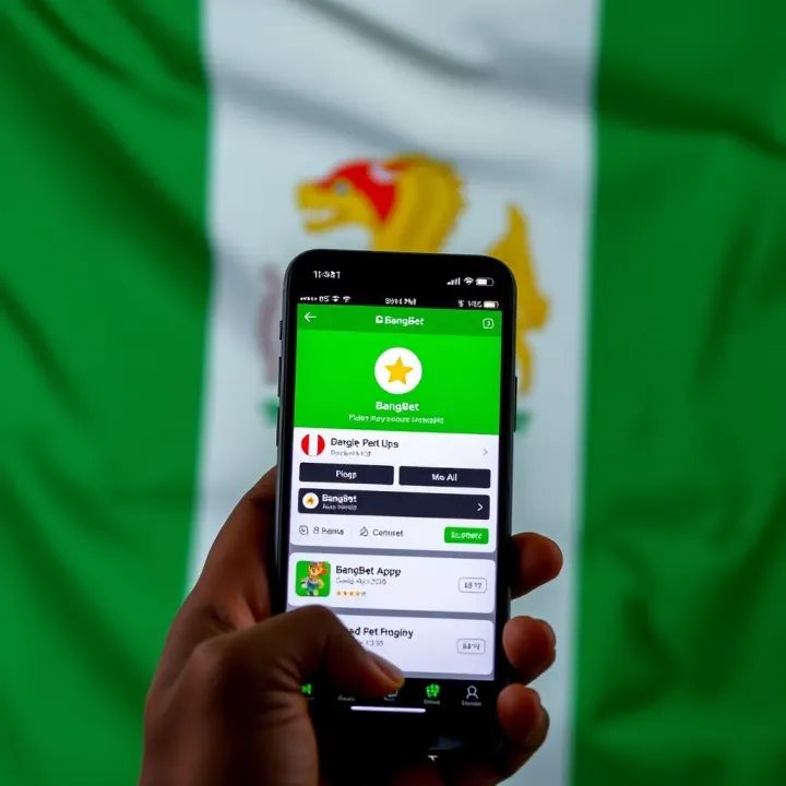Mobile phone displaying BangBet app download screen with Nigerian flag background