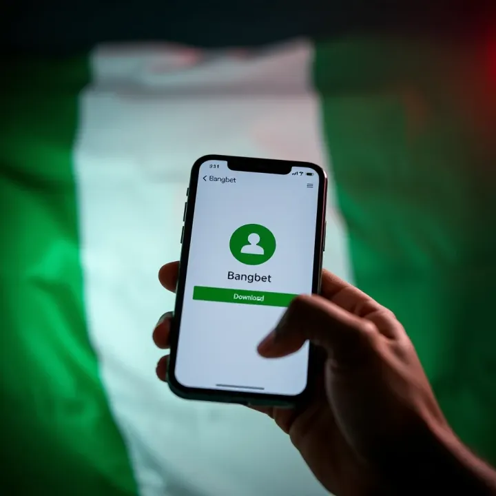 Mobile phone showing Bangbet app download progress with Nigerian flag in background