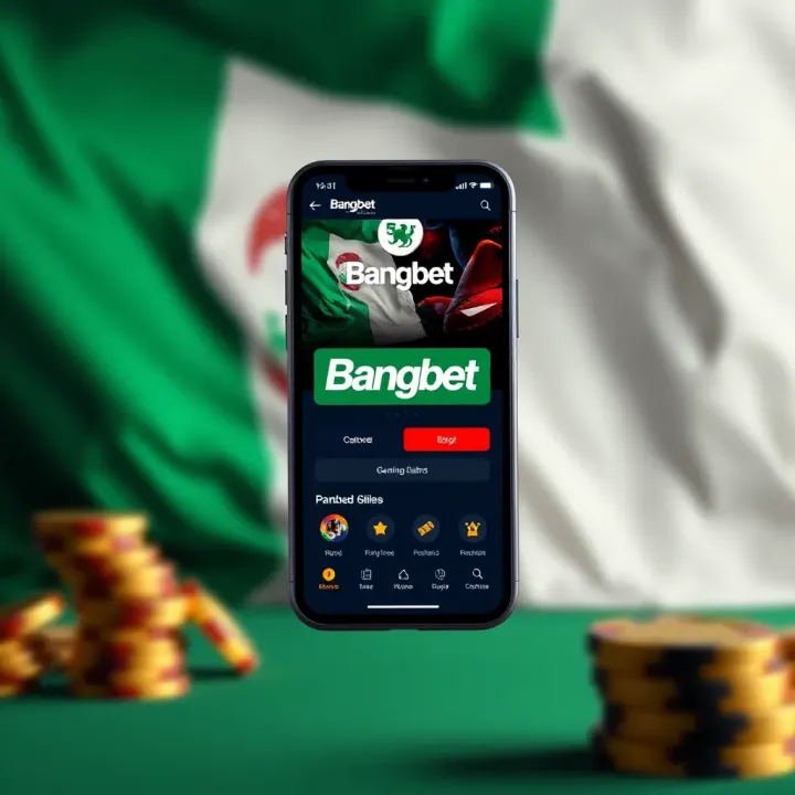 Mobile phone displaying Bangbet sports betting app interface with Nigerian flag background