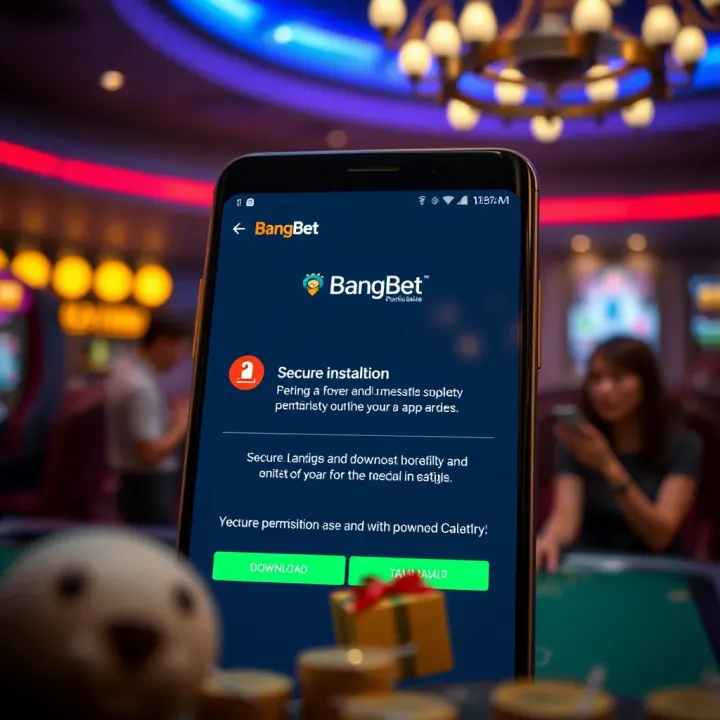 Secure installation screen showing permissions and download progress for BangBet Android app