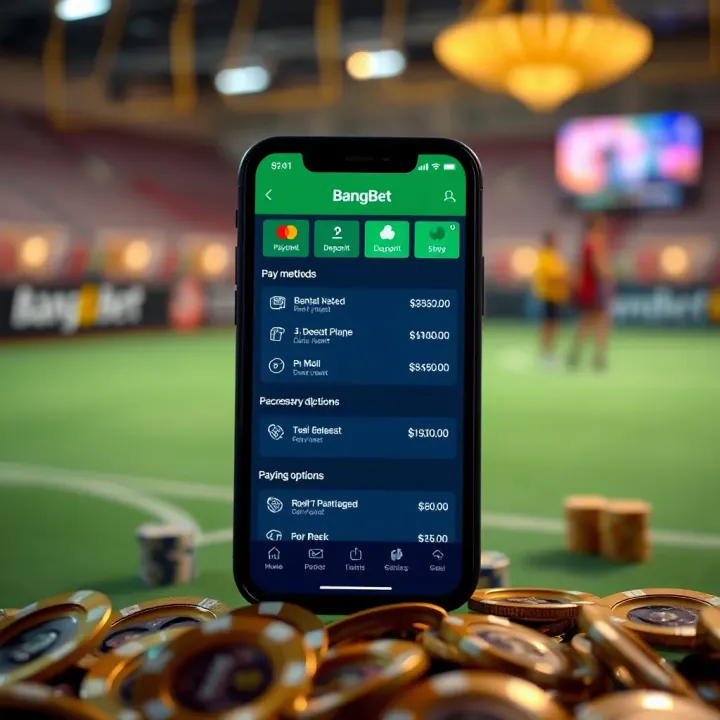 Illustration of a mobile phone with the BangBet app showing payment methods and deposit options