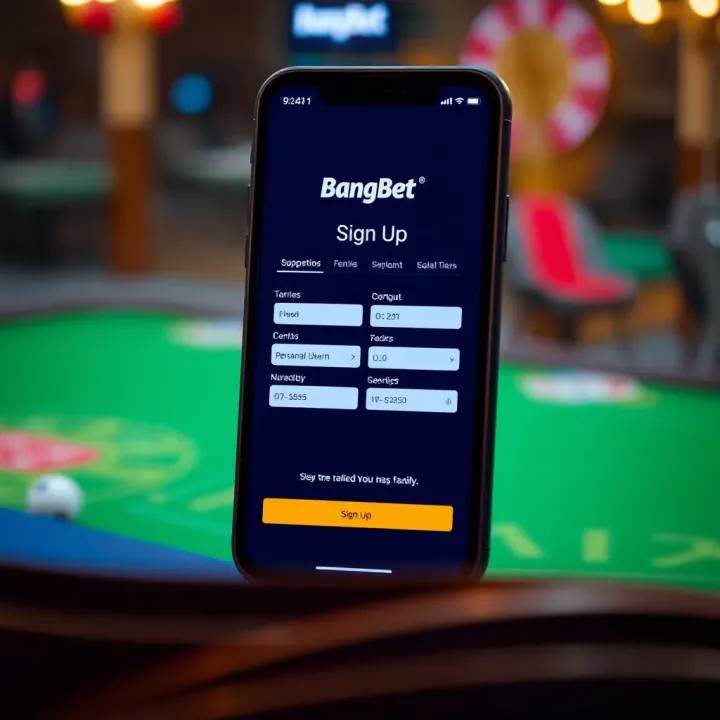 Mobile phone showing BangBet app account registration form with input fields for personal details