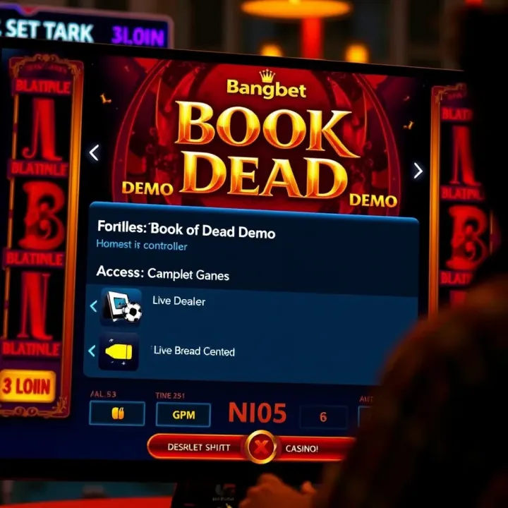 User interface of Bangbet online casino displaying Book of Dead demo access options and game controls