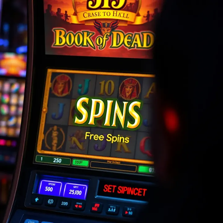 Slot machine screen showing Book of Dead game with glowing free spins notification