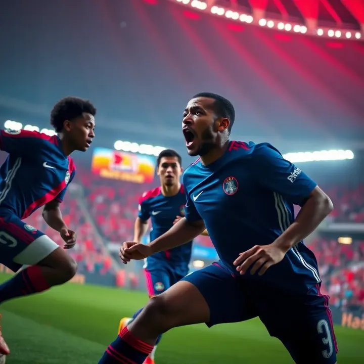 Dynamic Champions League football match action with focused players and vibrant stadium atmosphere