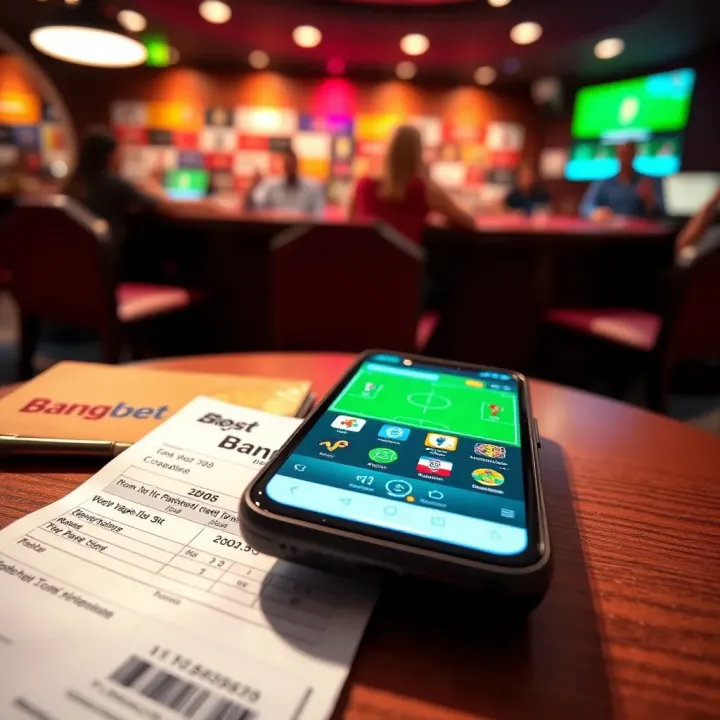 Close-up of a betting slip and smartphone displaying Bangbet platform interface