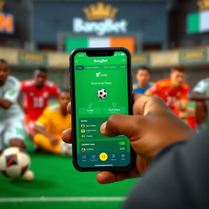 User navigating the BangBet Mini App interface on a smartphone with Nigerian sports icons in the background