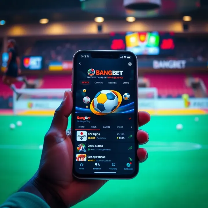 Mobile phone displaying Bangbet app interface with sports betting options and live scores