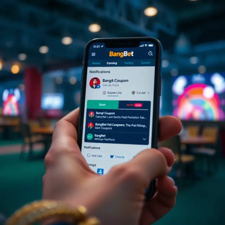 Mobile phone showing notification and history of past betting coupons on BangBet platform