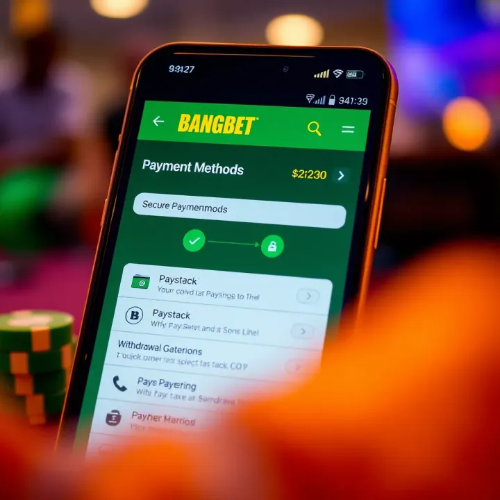 Mobile screen displaying secure payment methods for BangBet Nigeria including Paystack and withdrawal options