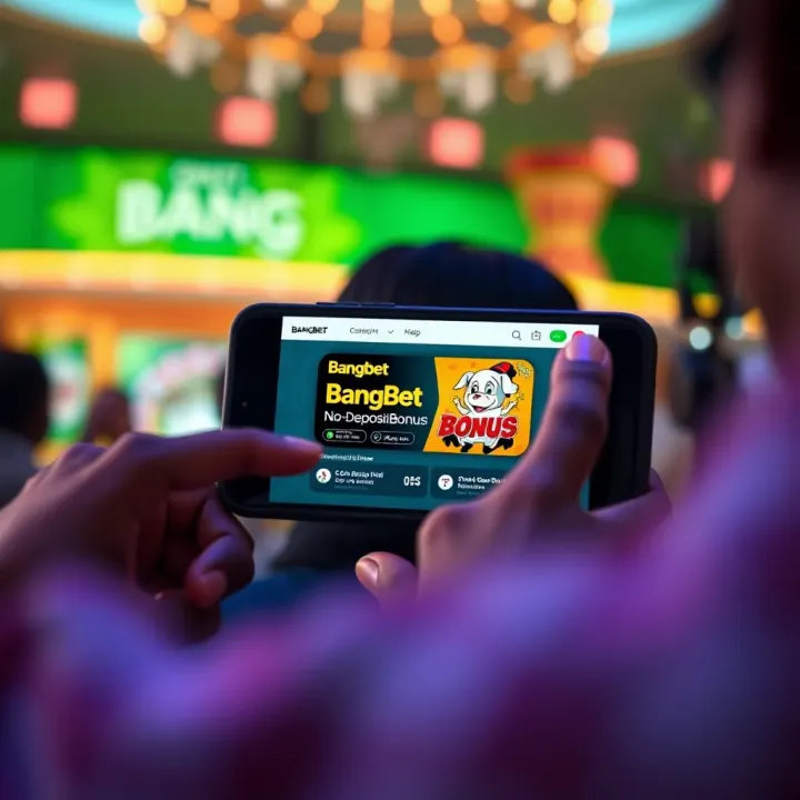 Illustration showing a mobile phone screen displaying the BangBet platform with a highlighted no deposit bonus offer