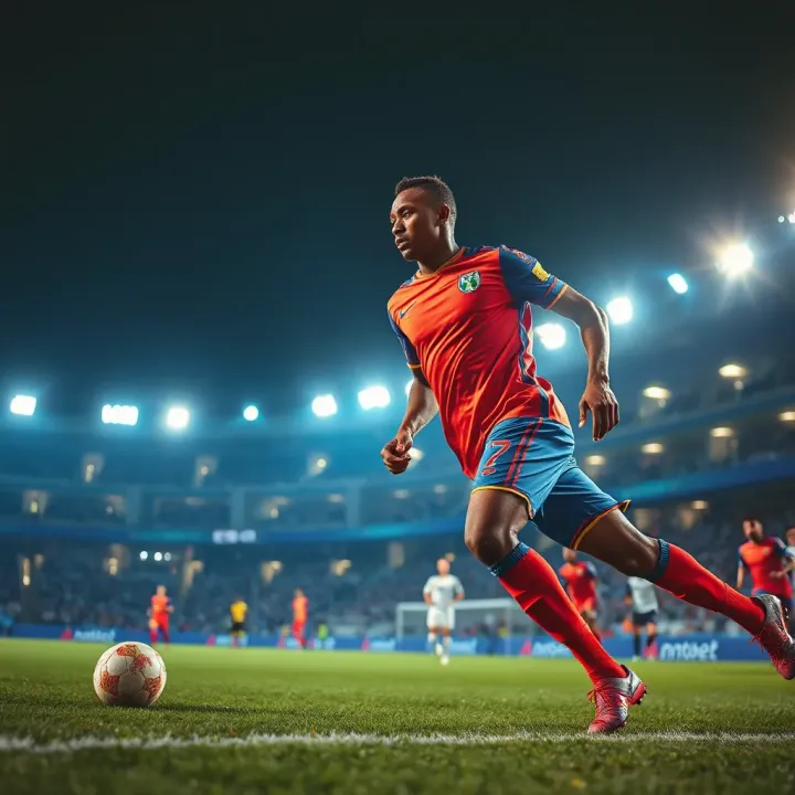 A vibrant depiction of a Nigerian Premier League football match in progress under stadium lights