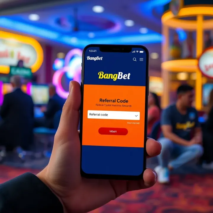 Mobile phone screen displaying BangBet registration page with referral code input field