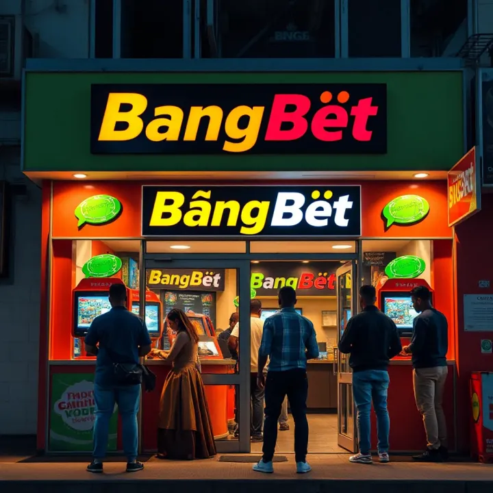 A vibrant storefront displaying the BangBet logo with customers engaging in placing bets