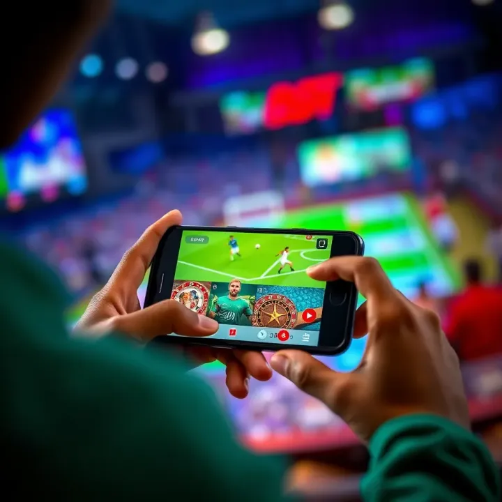 User interacting with a smartphone showing live sports streaming and betting features