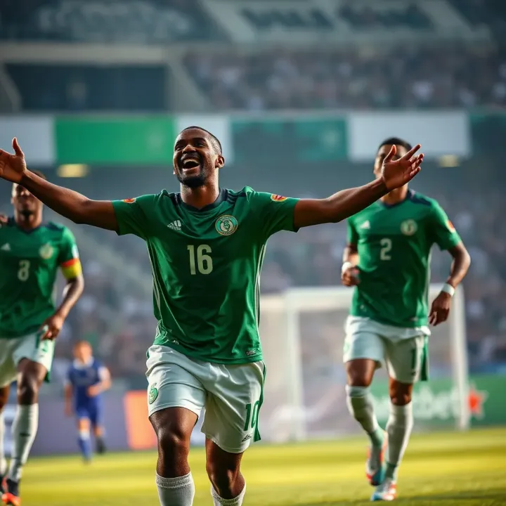Super Eagles football team celebrating a goal during a match
