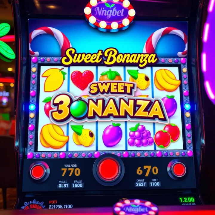 Colorful Sweet Bonanza slot game screen showing fruit symbols and candy clusters