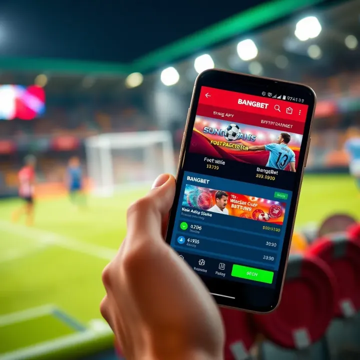 Mobile phone displaying BangBet app with football betting options