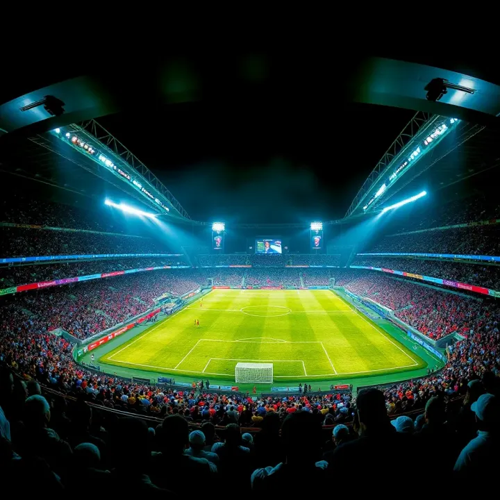 Football stadium at night with bright lights and cheering crowd