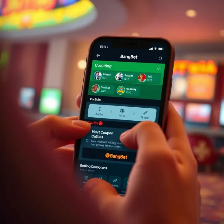 Mobile device screen displaying BangBet app with betting coupon details and user options