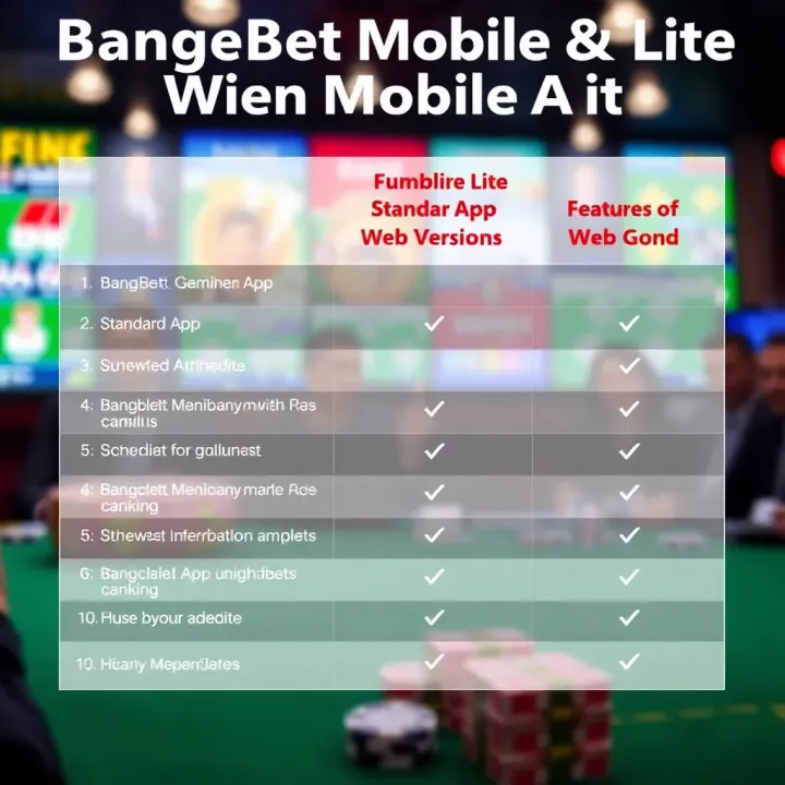 Comparison chart illustrating differences between BangBet Mobile Lite, standard app, and web versions