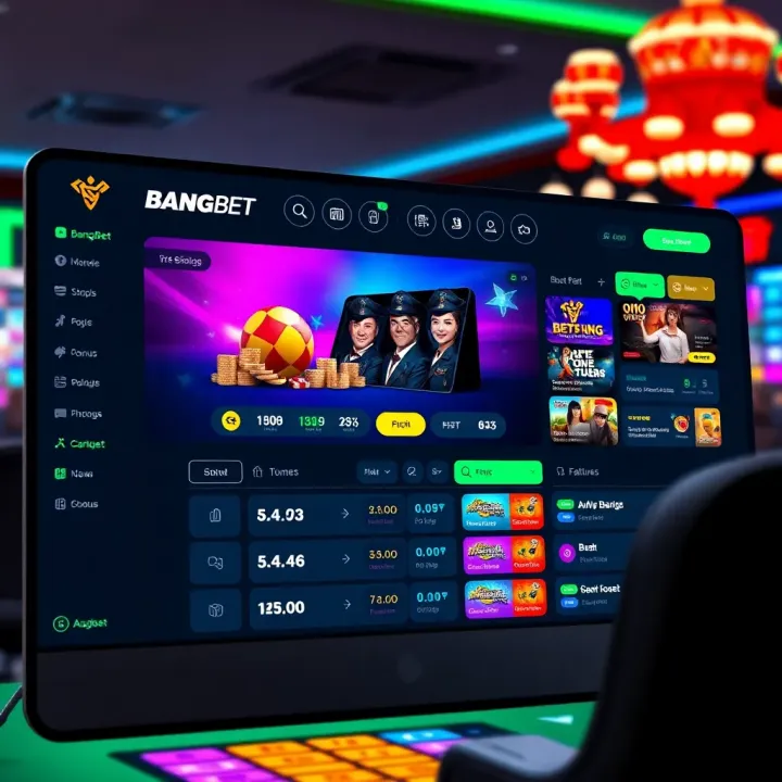 User interface showcasing BangBet's online shop dashboard with highlighted betting options and navigation menu