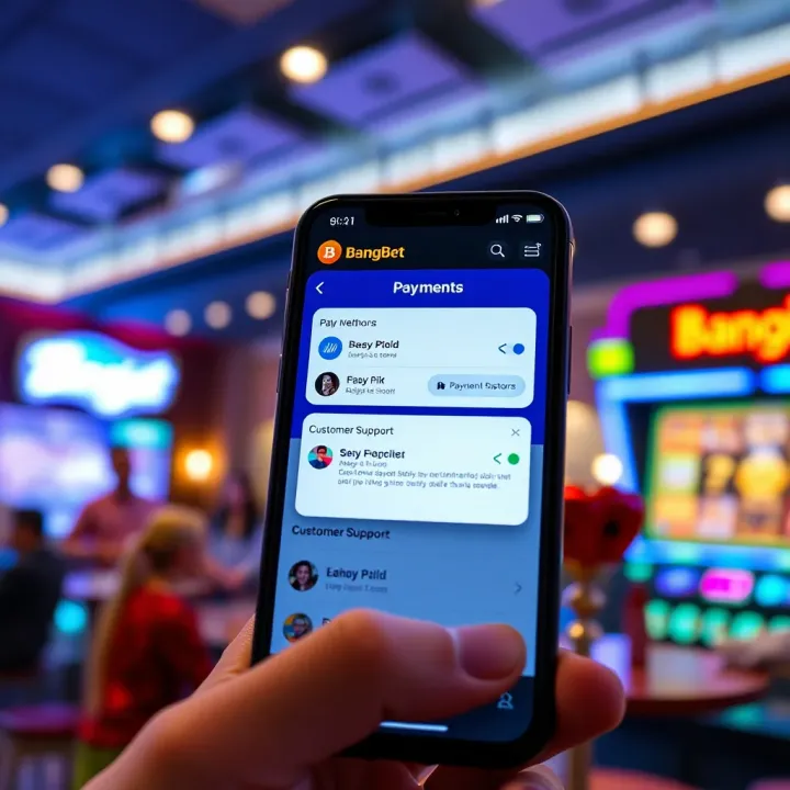 Mobile device displaying BangBet app with payment methods and customer support chat window open