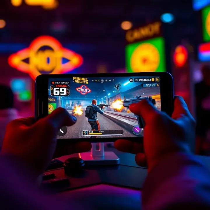 Mobile device displaying Mini Militia gameplay with vibrant shooting action