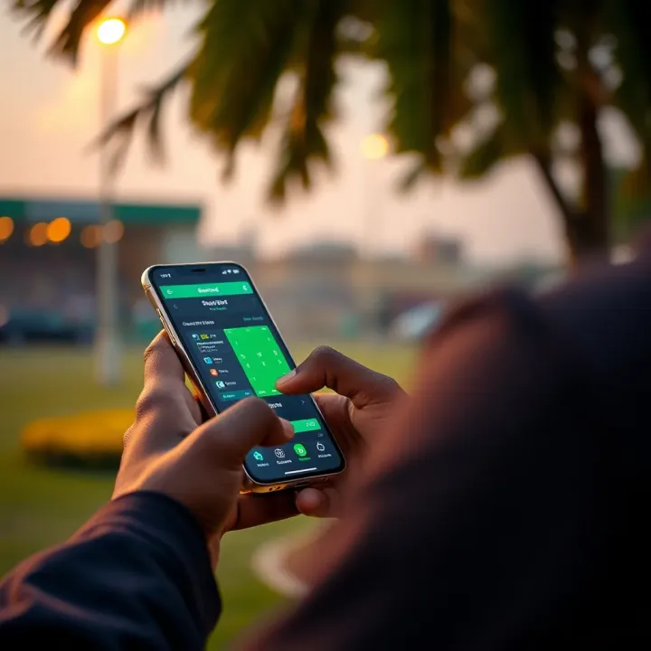 Person using a smartphone to place a bet on sports via the Score BangBet app outdoors