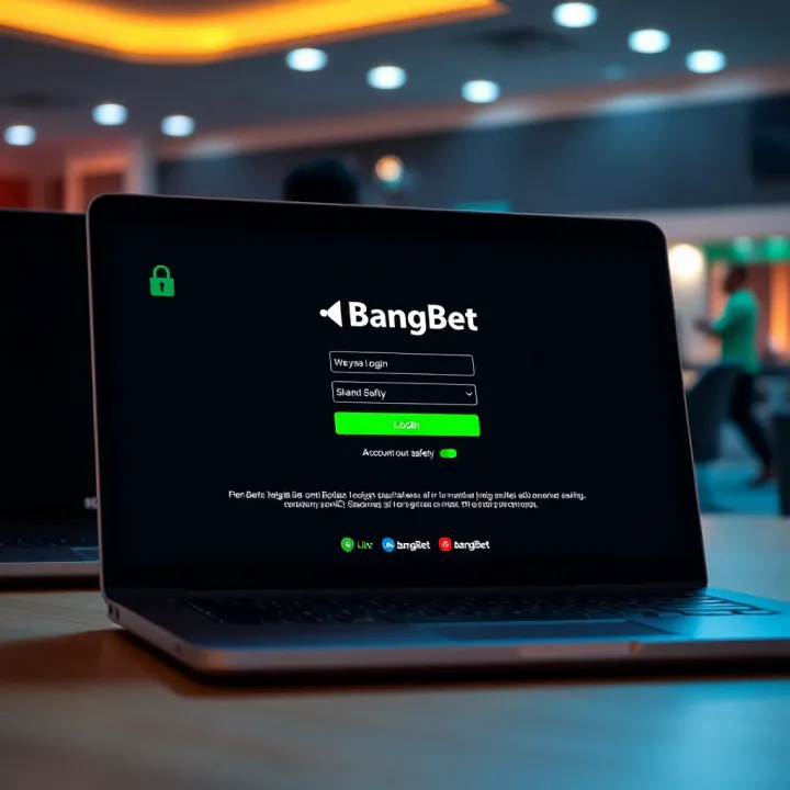 Laptop displaying BangBet login screen with security icons emphasizing account safety