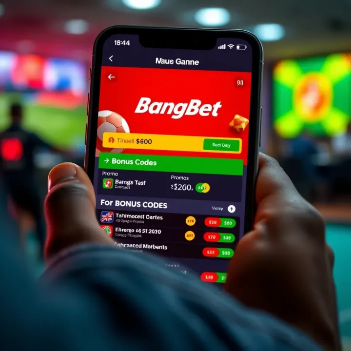 Illustration showing a mobile phone screen with BangBet app open, displaying promo and bonus codes for online betting in Nigeria