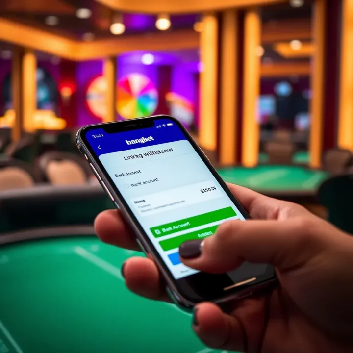 Mobile phone screen showing BangBet app with bank account linked for withdrawal
