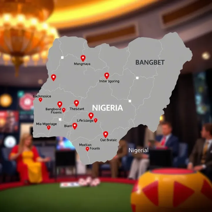 Map Showing Regions with BangBet Agents in Nigeria A map of Nigeria highlighting locations with available BangBet agents for betting activities