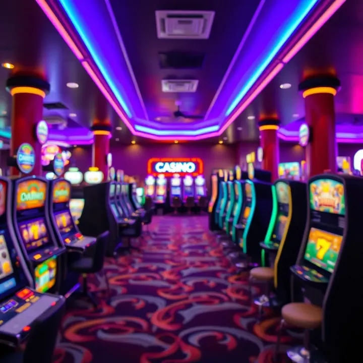 Vibrant casino interior showcasing gaming tables and slot machines under colorful lighting