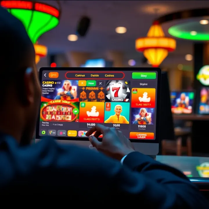 User interacting with an online gambling platform displaying virtual casino games on a digital device