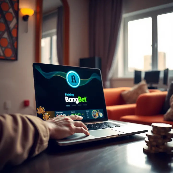 User logging into BangBet platform on a laptop in a bright room