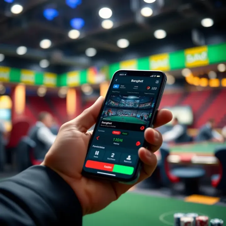 Mobile phone displaying Bangbet UG app interface with betting options and navigation menu