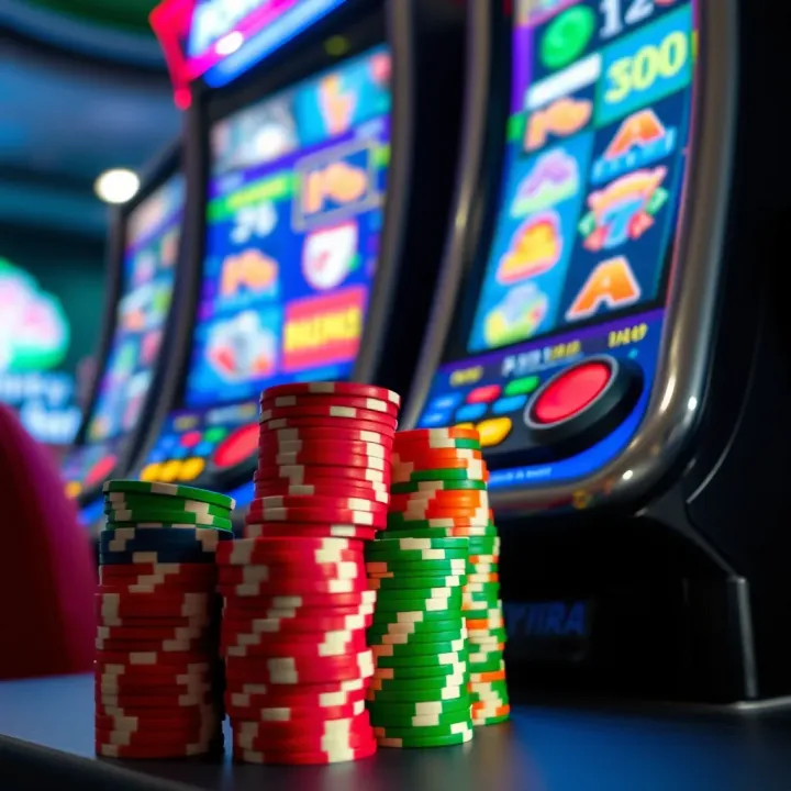 Colorful casino chips stacked beside a digital slot machine display