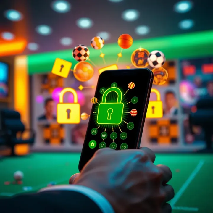 Secure sports betting transaction with digital locks and sports icons