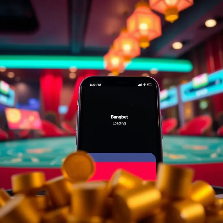 A smartphone displaying the Bangbet app with a loading screen under low internet signal conditions