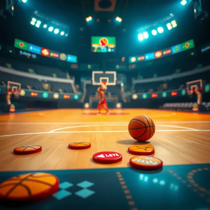 Illustration showing a basketball court with promotional tokens symbolizing betting codes