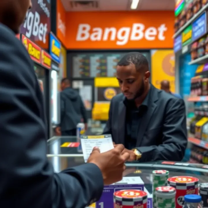 Customer placing a betting slip at a retail store with visible BangBet branding and betting options