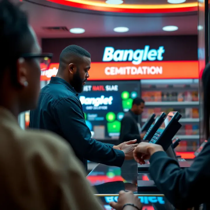 Retail shop interior showing a customer registering for BangBet betting service at the counter