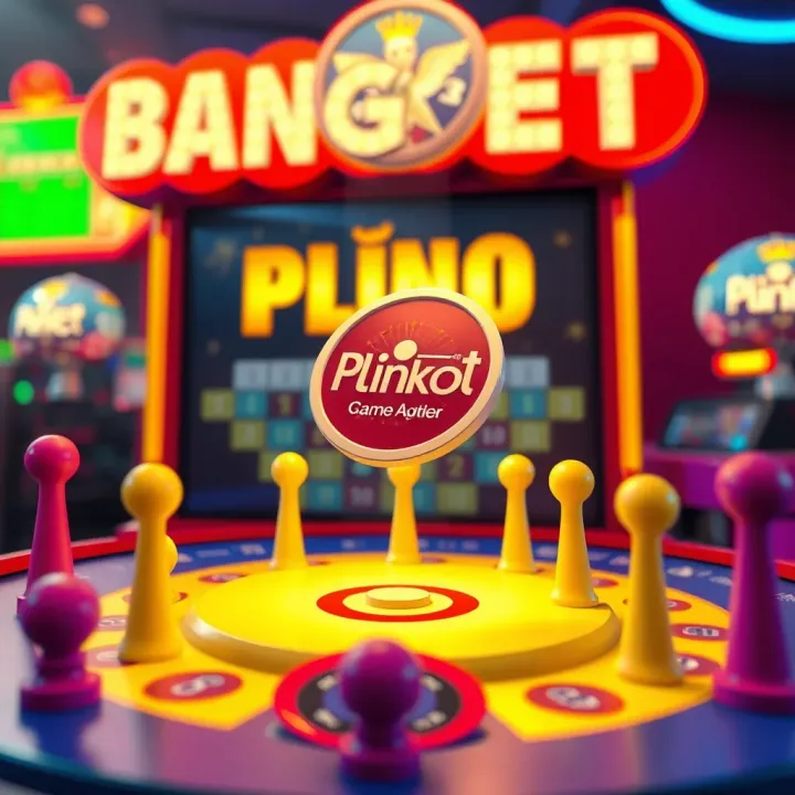 Illustration of a colorful Plinko game board with pegs and a falling disc representing gameplay mechanics