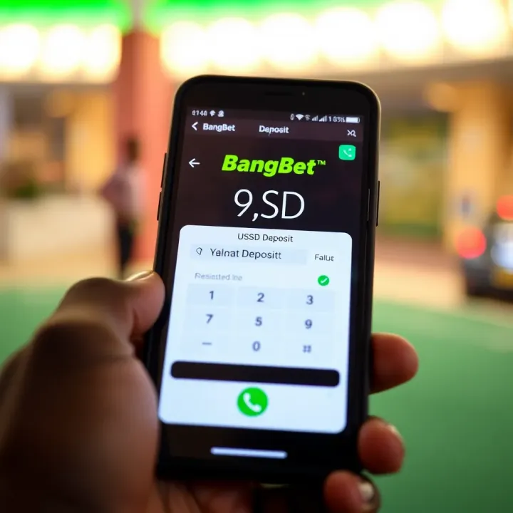 Mobile phone screen displaying a USSD code dialed for depositing funds on BangBet platform in Nigeria