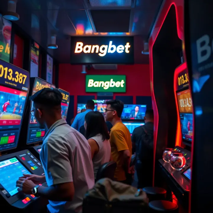 Interior of a mobile Bangbet shop with digital betting terminals and customers placing bets