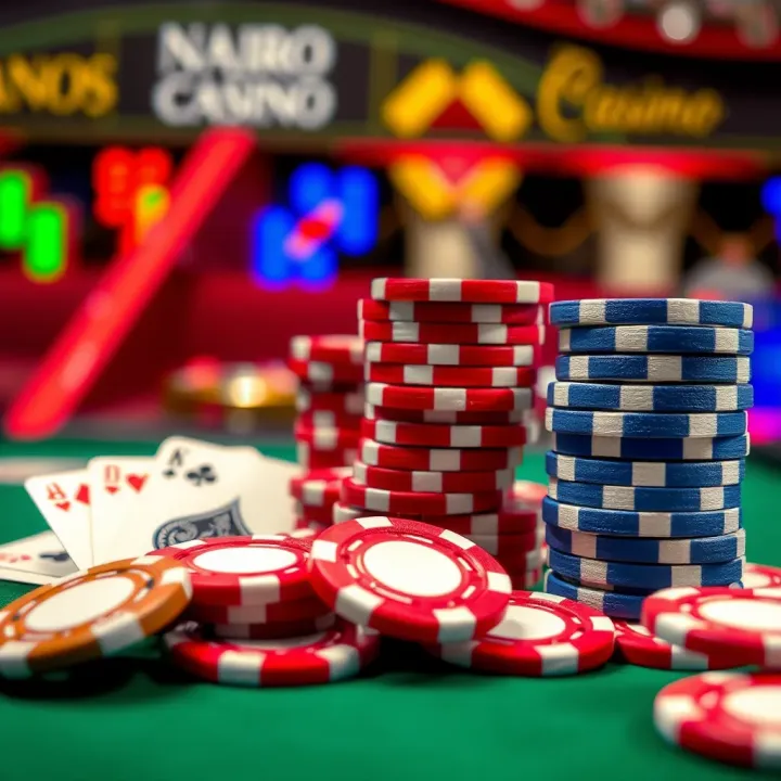 Colorful casino chips and playing cards representing popular games at naira casinos in Nigeria