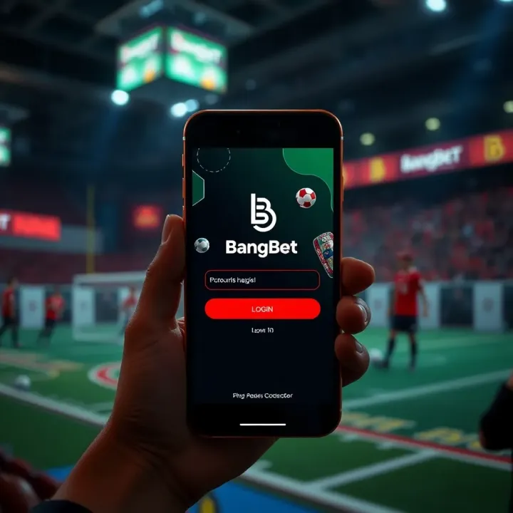 Mobile phone displaying the BangBet app login screen with a sports betting background