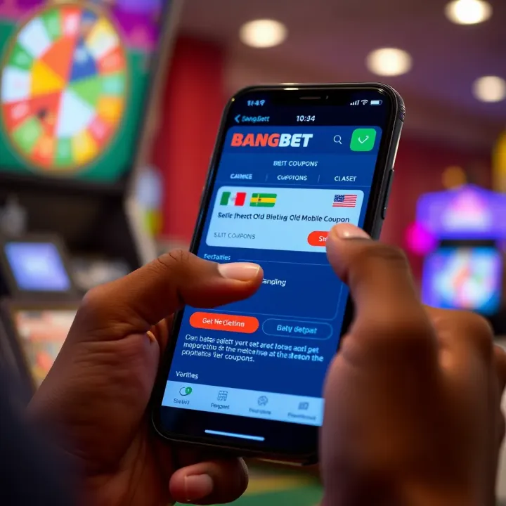 User interacting with a smartphone showing verification of betting coupon details on Bangbet platform